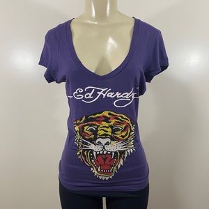 Ed Hardy Women Tiger Purple Shirt Rhinestone Vneck